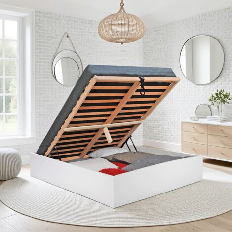 Le Quai Des Affaires – Lit coffre 160x200 cm – Structure en panneau de particules blanche – Sommier 15 lattes multiplis – Rangement optimisé sous le matelas