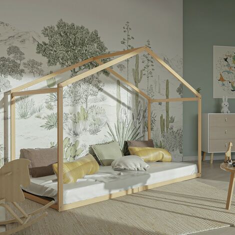 Le Quai Des Affaires – Lit cabane WENDY 90x190 – Structure en bois de tilleul et hêtre – Sommier à 12 lattes inclus – Dimensions 198x149x90 cm