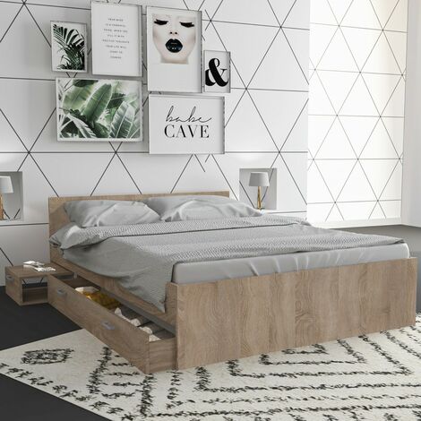 Le Quai Des Affaires – Lit avec tiroirs 140x190 cm – Décor chêne blanchi – 1 chevet monté sur roulettes – Grand tiroir de rangement intégré