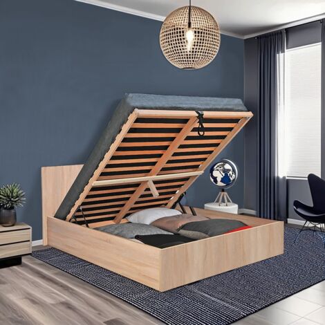 Le Quai Des Affaires – Lit coffre 180x200 cm avec sommier 2 x 15 lattes – Décor chêne blanchi – Dimensions 206x190x85 cm – Grand coffre de rangement (1/9)