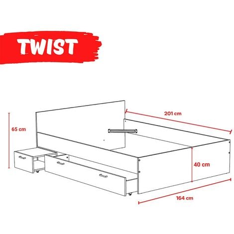 Lit TWIST 160x200 +  1 chevet + 1 tiroir / Blanc/ 201x164x65 cm