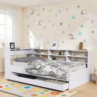 Les Tendances – Lit gigogne 90x190 cm – 1 sommier à lattes – 1 tiroir de rangement – Étagères blanches – Dimensions 217x119,5x83 cm