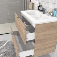 Le Quai Des Affaires – Meuble sous-vasque 2 tiroirs 60 cm – Vasque en résine blanc brillant – Décor chêne blanchi – Dimensions L60 x P46 x H64 cm