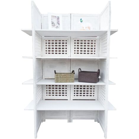 2-Way Display 4 Panel Heavy Duty Indian Screen 4 Shelves Bookcase Room Divider [White]