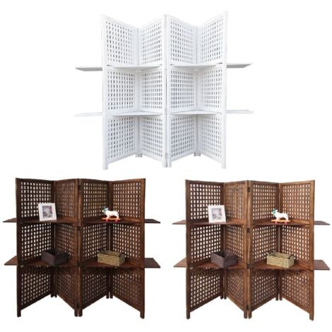 3-Way Display 4 Panel Heavy Duty Indian Screen 2 Shelves Bookcase Room Divider [White]