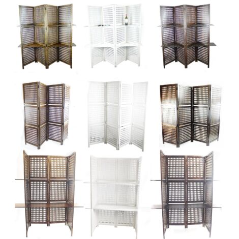 3-Way Display 4 Panel Heavy Duty Indian Screen 2 Shelves Bookcase Room Divider [White]