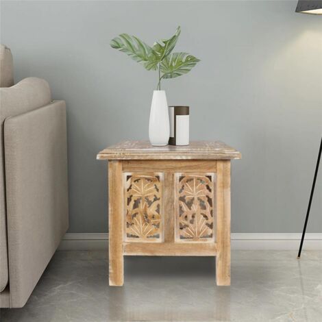 Antique Effect Square Carved Wooden Bedside Lamp Table Side End Coffee Tables [Neutral,Small 30x30x31 cm]