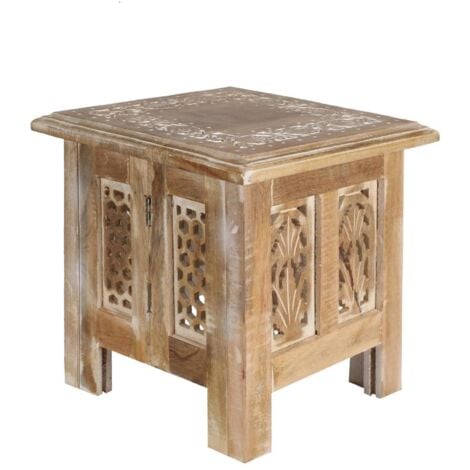 Antique Effect Square Carved Wooden Bedside Lamp Table Side End Coffee Tables [Neutral,Small 30x30x31 cm]