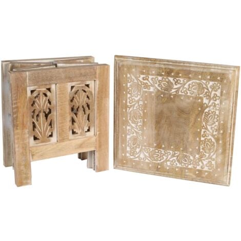 Antique Effect Square Carved Wooden Bedside Lamp Table Side End Coffee Tables [Neutral,Small 30x30x31 cm]