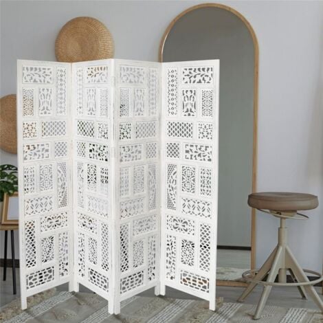 4 Panel Heavy Duty Carved Indian Screen Wooden Screen Room Divider Circle Mesh 183x50cm per panel, wide open 202cm [White]