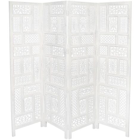 4 Panel Heavy Duty Carved Indian Screen Wooden Screen Room Divider Circle Mesh 183x50cm per panel, wide open 202cm [White]