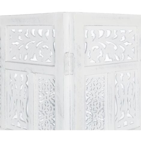 4 Panel Heavy Duty Carved Indian Screen Wooden Screen Room Divider Circle Mesh 183x50cm per panel, wide open 202cm [White]