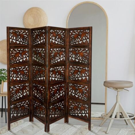 4 Panel Heavy Duty Carved Indian Screen Wooden Elephant Screen Room Divider 183x50cm per panel, wide open 203cm (Dark Brown)