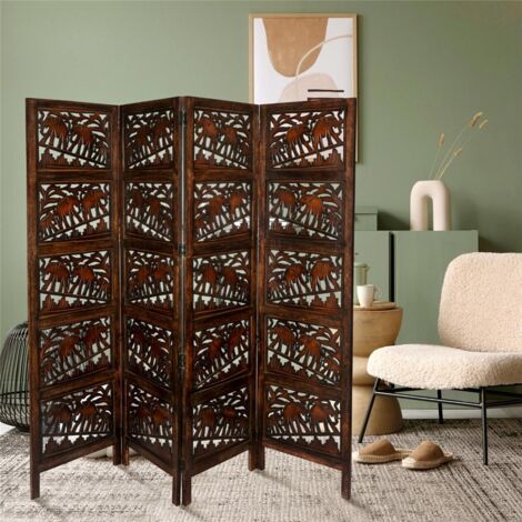 4 Panel Heavy Duty Carved Indian Screen Wooden Elephant Screen Room Divider 183x50cm per panel, wide open 203cm (Dark Brown)