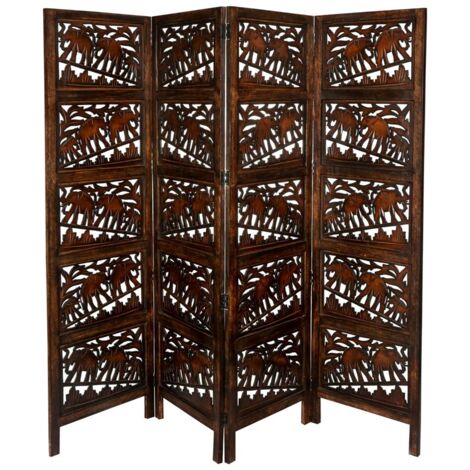 4 Panel Heavy Duty Carved Indian Screen Wooden Elephant Screen Room Divider 183x50cm per panel, wide open 203cm (Dark Brown)