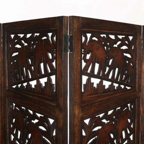 4 Panel Heavy Duty Carved Indian Screen Wooden Elephant Screen Room Divider 183x50cm per panel, wide open 203cm (Dark Brown)