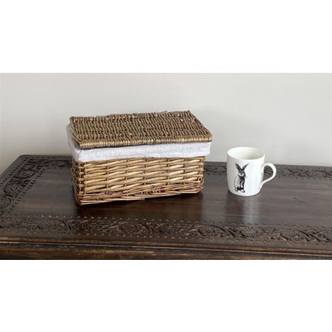 Lidded Wicker Storage Basket With Lining Xmas Hamper Basket [Small 30x20x11.5 cm,Pine]