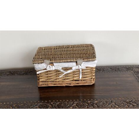 Lidded Wicker Storage Basket With Lining Xmas Hamper Basket [Small 30x20x11.5 cm,Pine]