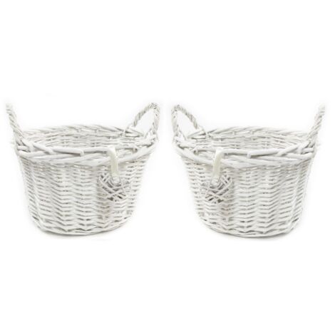 OVAL DEEP White Shabby Chic Wicker Kitchen Fruit Storage Baskets Xmas Hamper Basket [White Oval deep Set of 2 Medium]