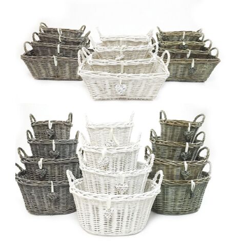 OVAL DEEP White Shabby Chic Wicker Kitchen Fruit Storage Baskets Xmas Hamper Basket [White Oval deep Set of 2 Medium]