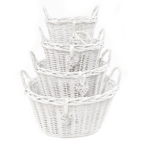 OVAL DEEP White Shabby Chic Wicker Kitchen Fruit Storage Baskets Xmas Hamper Basket [White Oval deep Set of 2 Medium]