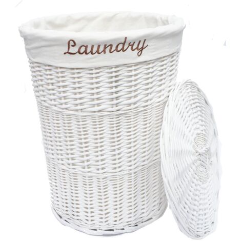 Wicker Round Laundry Basket With Lining [White Laundry basket (Large)(59x44cm)]