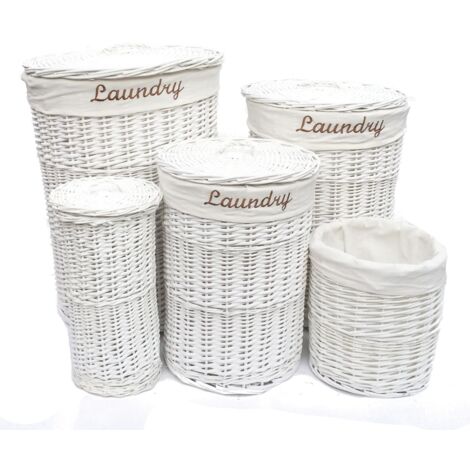Wicker Round Laundry Basket With Lining [White Laundry basket (Large)(59x44cm)]