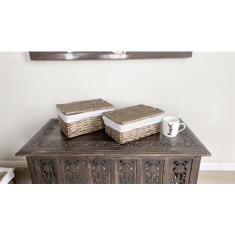 SET OF 2 Lidded Wicker Storage Basket With Lining Xmas Hamper Basket [Set of 2 Small 30x20x11.5 cm,Pine]