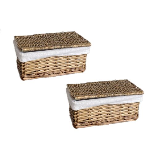 SET OF 2 Lidded Wicker Storage Basket With Lining Xmas Hamper Basket [Set of 2 Small 30x20x11.5 cm,Pine]