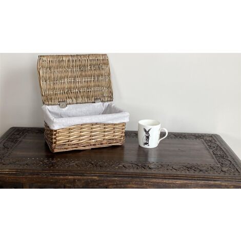 SET OF 2 Lidded Wicker Storage Basket With Lining Xmas Hamper Basket [Set of 2 Small 30x20x11.5 cm,Pine]