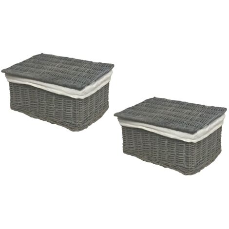 SET OF 2 Lidded Wicker Storage Basket With Lining Xmas Hamper Basket [Set of 2 Small 30x20x11.5 cm,Grey]
