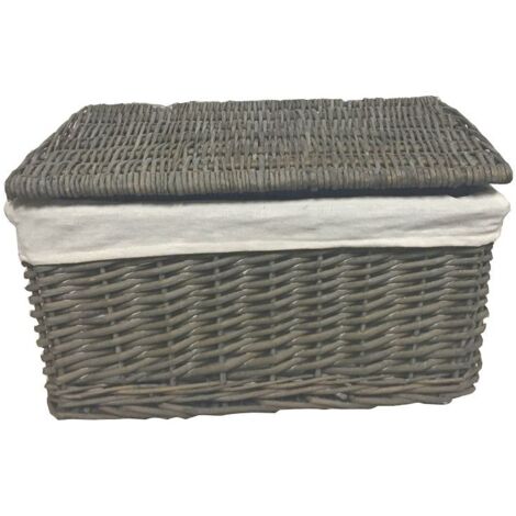SET OF 2 Lidded Wicker Storage Basket With Lining Xmas Hamper Basket [Set of 2 Small 30x20x11.5 cm,Grey]