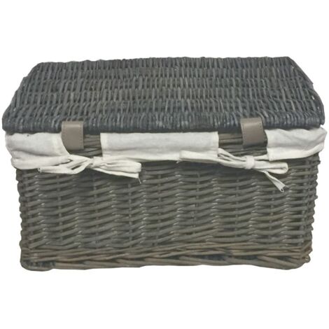 SET OF 2 Lidded Wicker Storage Basket With Lining Xmas Hamper Basket [Set of 2 Small 30x20x11.5 cm,Grey]