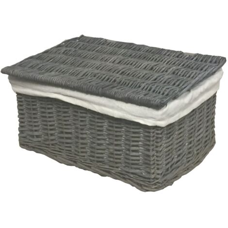 SET OF 2 Lidded Wicker Storage Basket With Lining Xmas Hamper Basket [Set of 2 Small 30x20x11.5 cm,Grey]