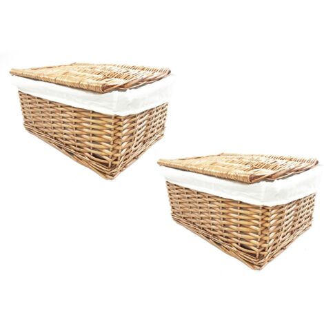 SET OF 2 Lidded Wicker Storage Basket With Lining Xmas Hamper Basket [Set of 2 Extra Large 46x35x24 cm,Natural]