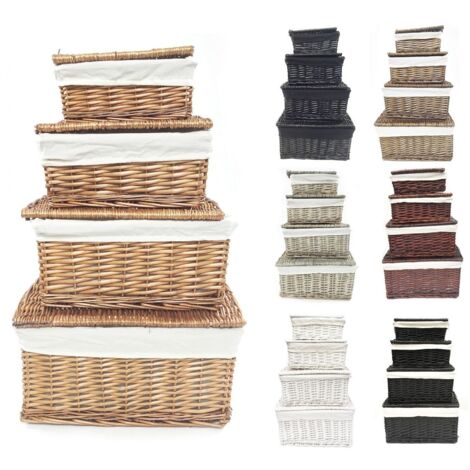 SET OF 2 Lidded Wicker Storage Basket With Lining Xmas Hamper Basket [Set of 2 Extra Large 46x35x24 cm,Natural]