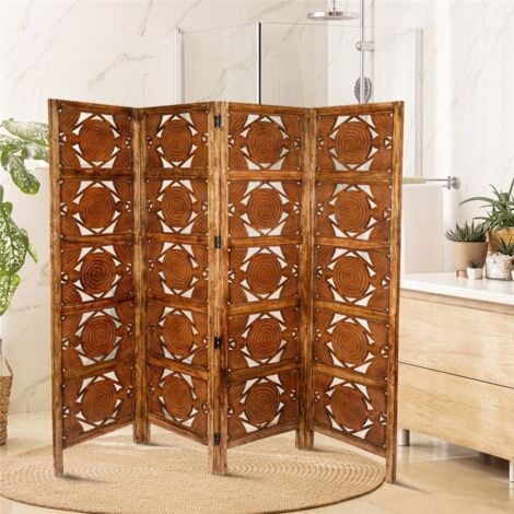 4 Panel Heavy Duty Carved Indian Screen Wooden Swirl Design Screen Room Divider 183x50cm per panel, wide open 202cm [Light Brown]