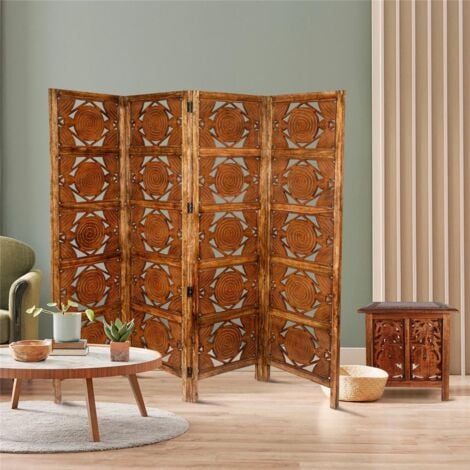 4 Panel Heavy Duty Carved Indian Screen Wooden Swirl Design Screen Room Divider 183x50cm per panel, wide open 202cm [Light Brown]