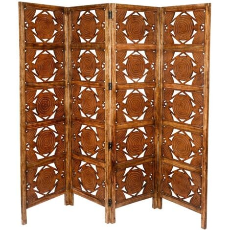 4 Panel Heavy Duty Carved Indian Screen Wooden Swirl Design Screen Room Divider 183x50cm per panel, wide open 202cm [Light Brown]