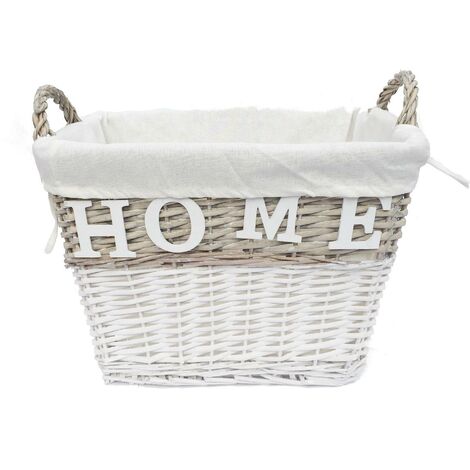Strong Deep White Wicker Storage Home Log Hamper Laundry Basket Handles Lined [Small: 36x24x28cm]