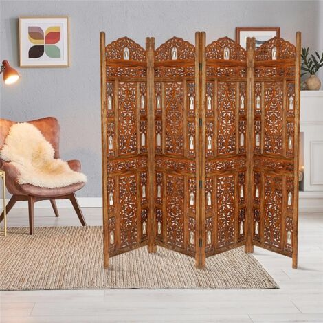 4 Panel Heavy Duty Carved Indian Screen Wooden Bells Design Screen Room Divider 183x50cm per panel, wide open 202cm [Light Brown]