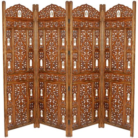 4 Panel Heavy Duty Carved Indian Screen Wooden Bells Design Screen Room Divider 183x50cm per panel, wide open 202cm [Light Brown]