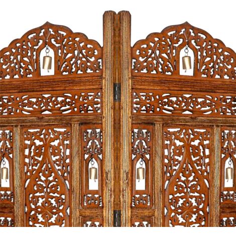 4 Panel Heavy Duty Carved Indian Screen Wooden Bells Design Screen Room Divider 183x50cm per panel, wide open 202cm [Light Brown]