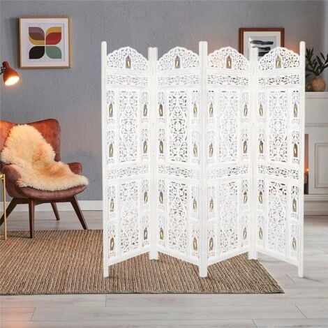 4 Panel Heavy Duty Carved Indian Screen Wooden Bells Design Screen Room Divider 183x50cm per panel, wide open 202cm [White]