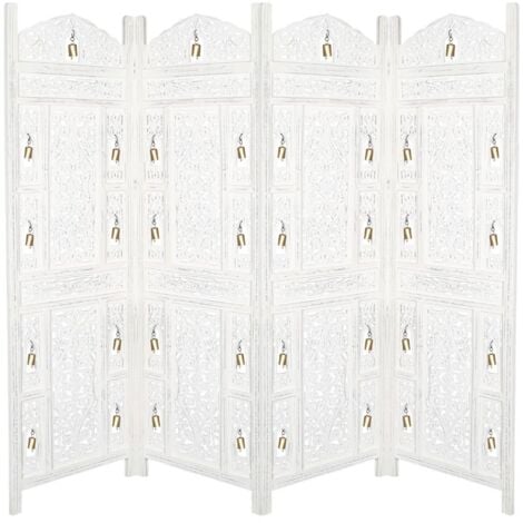 4 Panel Heavy Duty Carved Indian Screen Wooden Bells Design Screen Room Divider 183x50cm per panel, wide open 202cm [White]