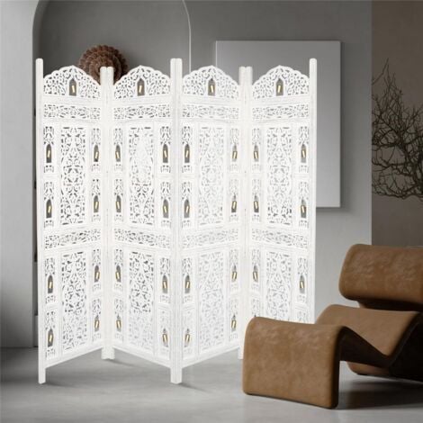 4 Panel Heavy Duty Carved Indian Screen Wooden Bells Design Screen Room Divider 183x50cm per panel, wide open 202cm [White]