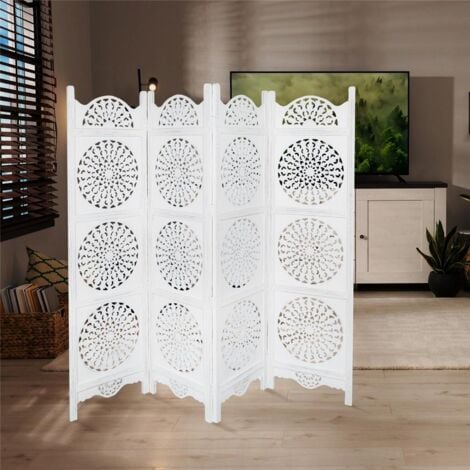 4 Panel Hand Carved Indian Wooden Round Sticker Design Screen Room Divider 183x50cm per panel, wide open 202cm [White]