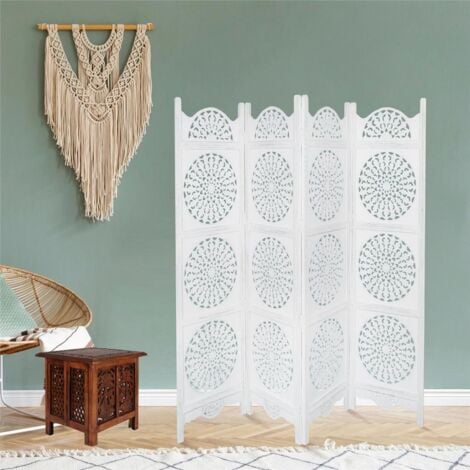 4 Panel Hand Carved Indian Wooden Round Sticker Design Screen Room Divider 183x50cm per panel, wide open 202cm [White]