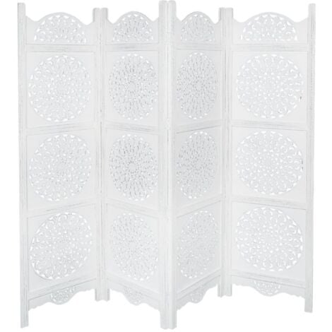 4 Panel Hand Carved Indian Wooden Round Sticker Design Screen Room Divider 183x50cm per panel, wide open 202cm [White]