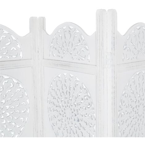 4 Panel Hand Carved Indian Wooden Round Sticker Design Screen Room Divider 183x50cm per panel, wide open 202cm [White]